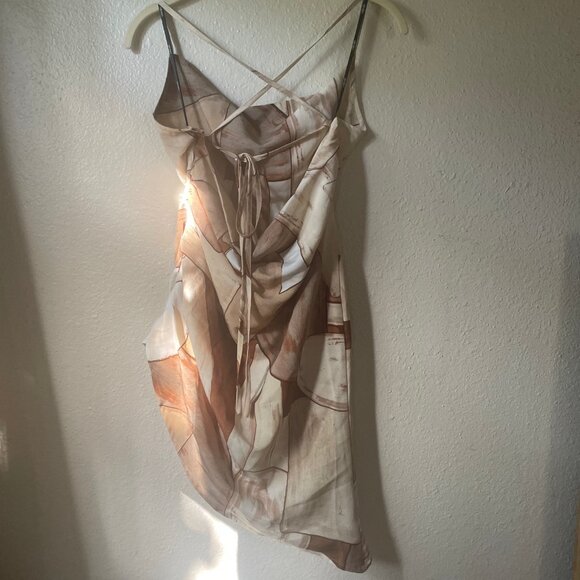 Strappy Asymmetrical Cowl Neck Mini Dress | Brown Tan Cream | XS - Picture 2 of 8